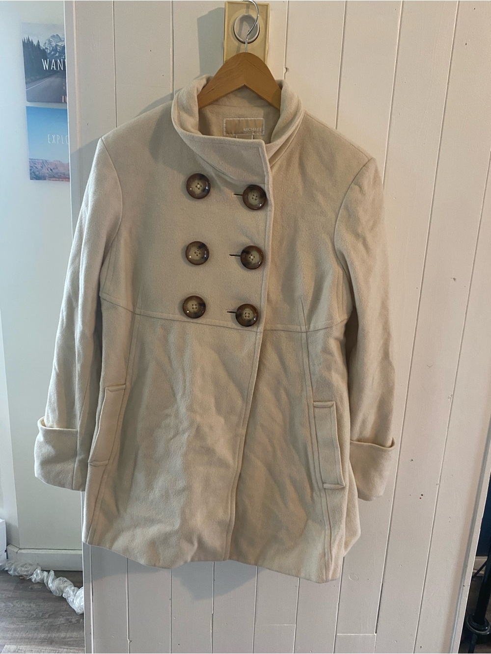 Michael Kors Cream Double-Breasted Wool-Blend Pea Coat